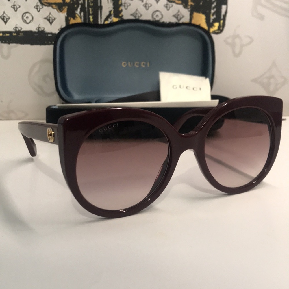 New Authentic Gucci GG0325S 007 Burgundy Cat-Eye Sunglasses Red Lenses - Picture 3 of 12